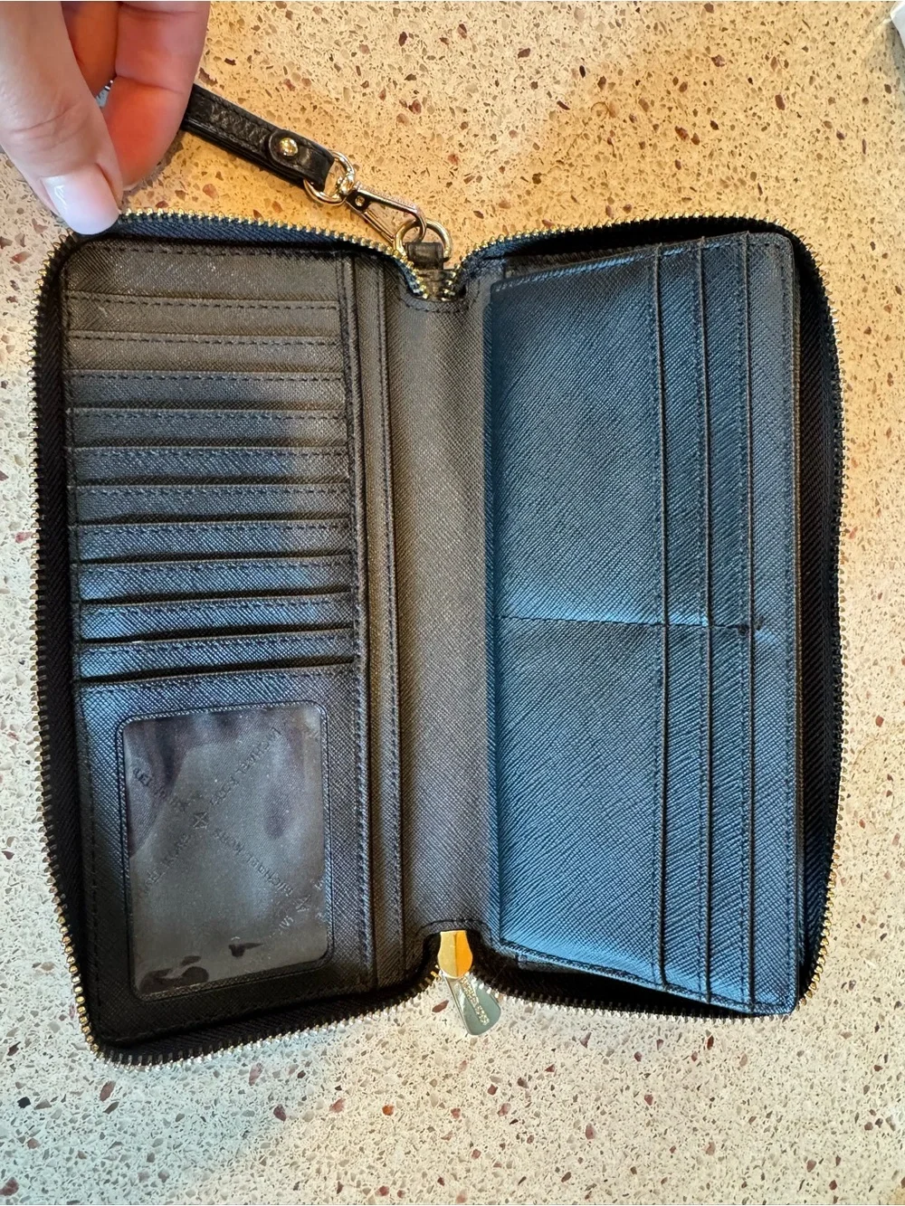 Michael Kors Black Pebbled Leather Wristlet Wallet with Gold Logo